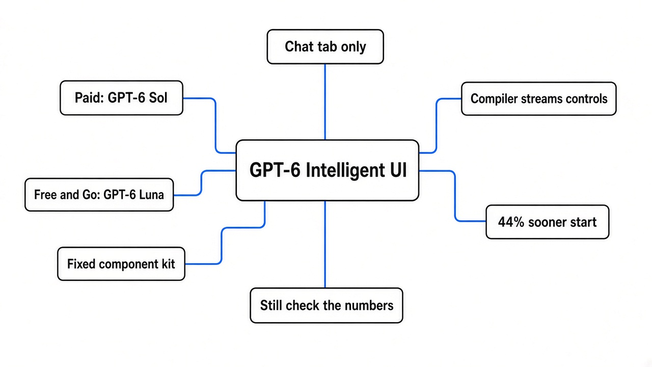 Simple mindmap of GPT-6 Intelligent UI: Chat tab only, paid plans get GPT-6 Sol, Free and Go get GPT-6 Luna, fixed component kit, compiler streams controls, 44 percent sooner start, still check the numbers