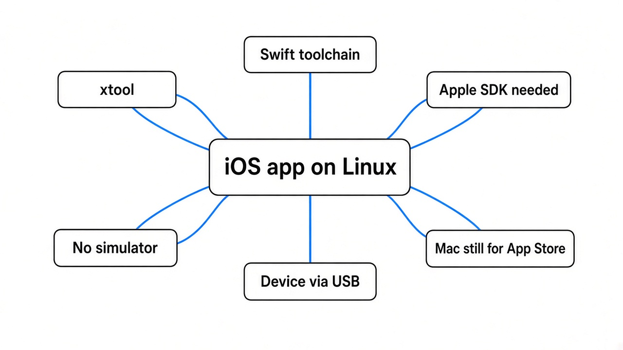 Simple mindmap of building an iOS app on Linux with xtool: Swift package, Apple SDK from Xcode archive, Apple login, USB iPhone, no simulator, rented Mac