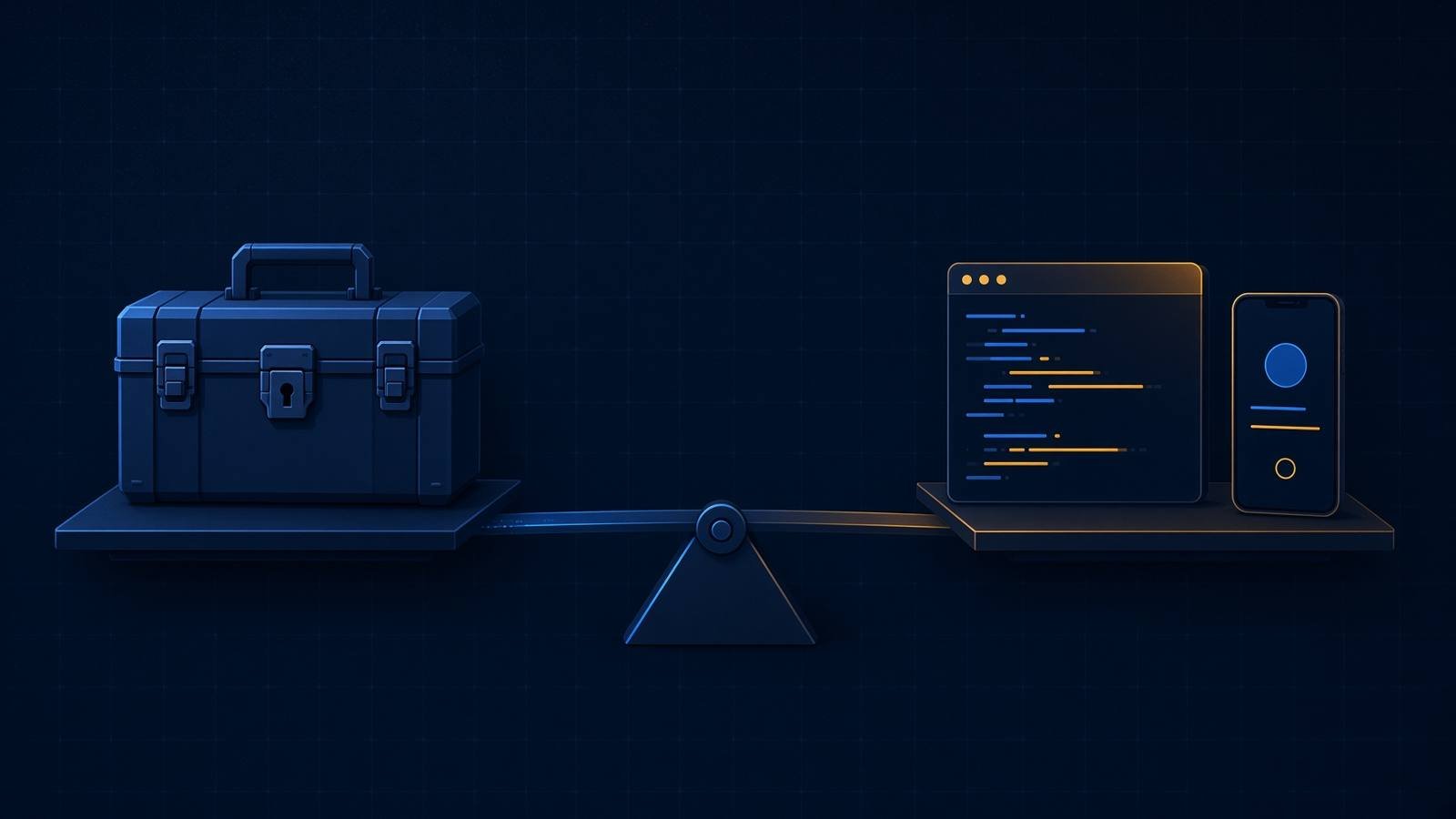 xtool vs Xcode: a locked Apple toolbox on one side of a scale, a Linux code editor and an iPhone on the other