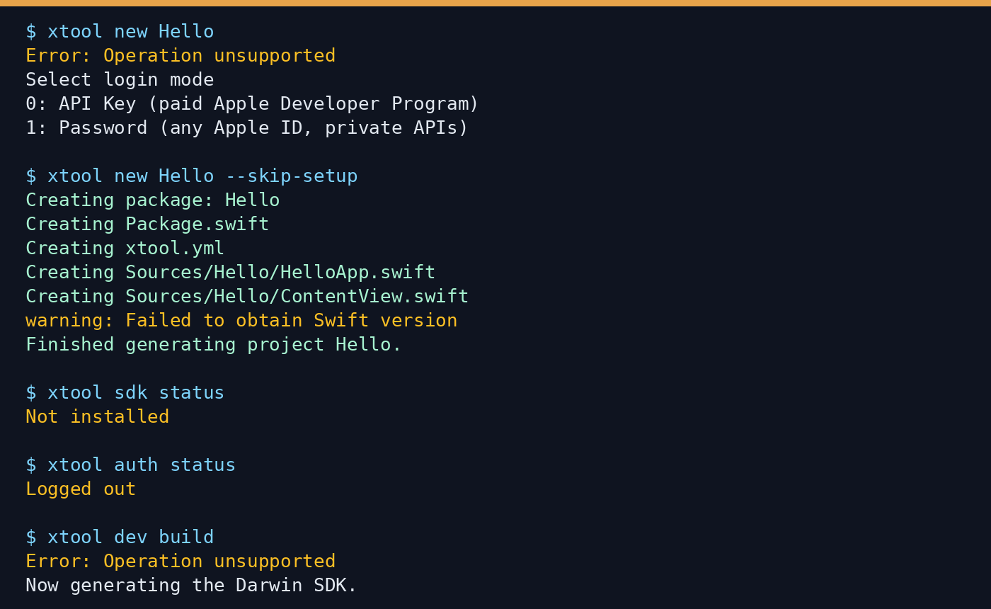 Terminal output of xtool on Linux: new Hello asks for login, --skip-setup creates the project, SDK not installed, logged out, dev build stops to generate the Darwin SDK