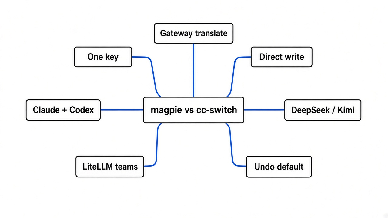 Simple mindmap of magpie vs cc-switch: one key, gateway translate, direct write, Claude and Codex, DeepSeek and Kimi, LiteLLM for teams, undo default
