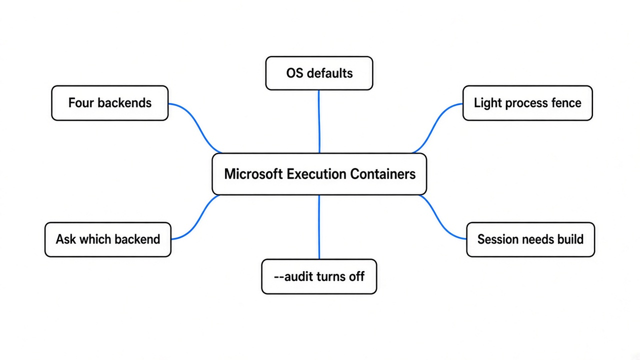 Simple mindmap of Microsoft Execution Containers: four backends, OS defaults, light process fence, session needs higher Windows build, audit turns fence off, ask which backend