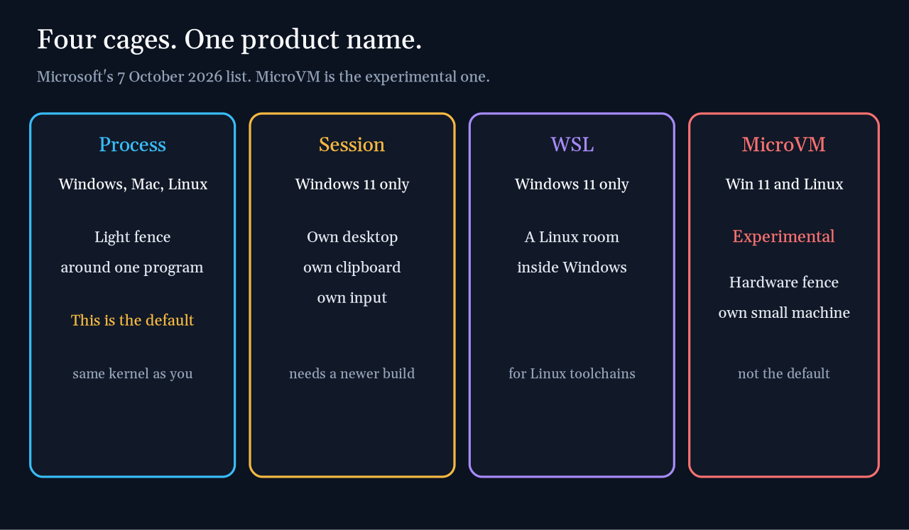 Four Microsoft Execution Containers backends: process container, session container, WSL container, and experimental MicroVM