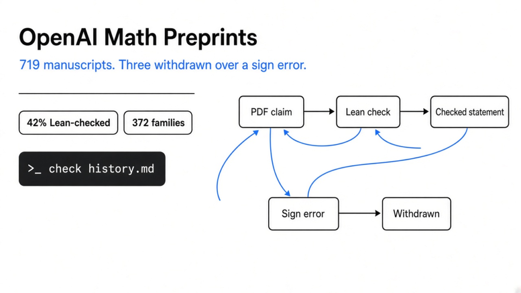 OpenAI math preprints: 719 manuscripts in 372 families on GitHub, about 42 percent Lean-checked, and three withdrawn over one sign error