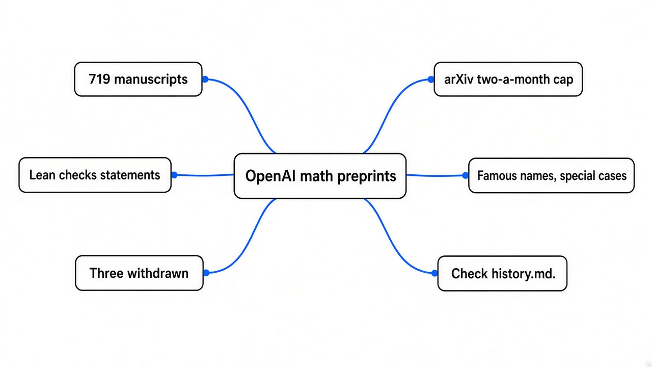 Simple mindmap of the OpenAI math preprints: 719 manuscripts, Lean checks statements, three withdrawn, arXiv two-a-month cap, famous names are special cases, check history.md