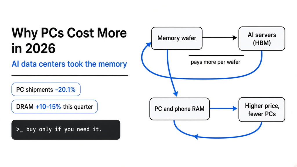 Why PCs cost more in 2026: AI data centers take the memory wafers, PC and phone DRAM and NAND get dearer, and PC shipments fall 20.1%