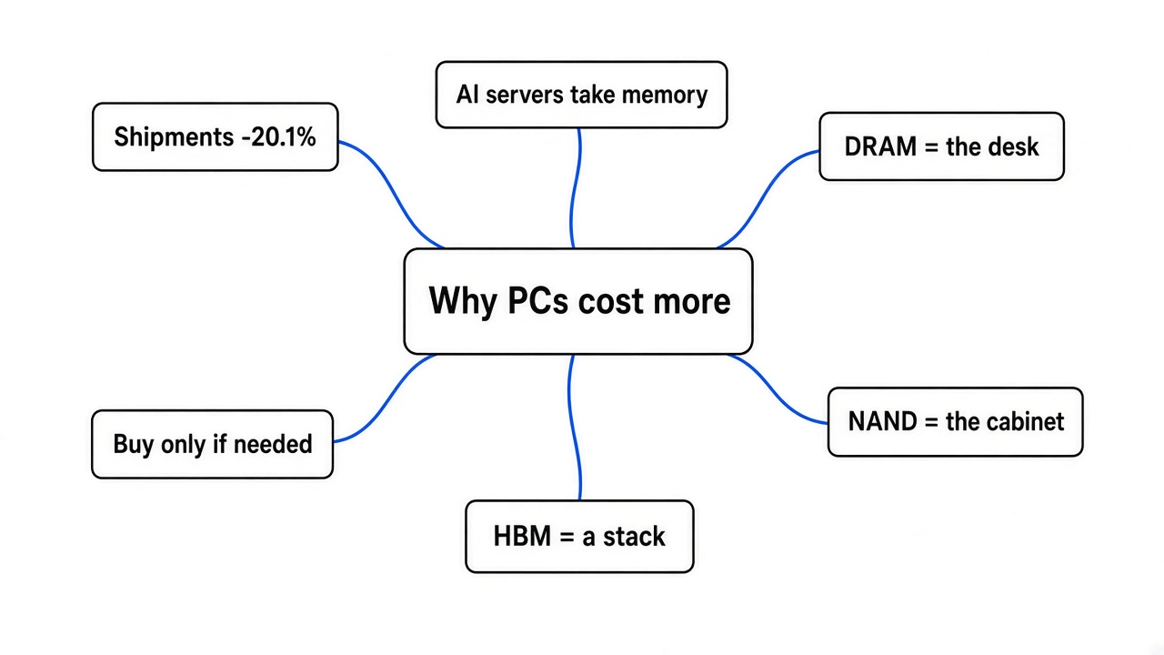 Simple mindmap of why PCs cost more in 2026: PC shipments down 20.1%, AI servers take the memory, DRAM is the desk, NAND is the cabinet, HBM is a stack, prices stay elevated, buy only if you need it