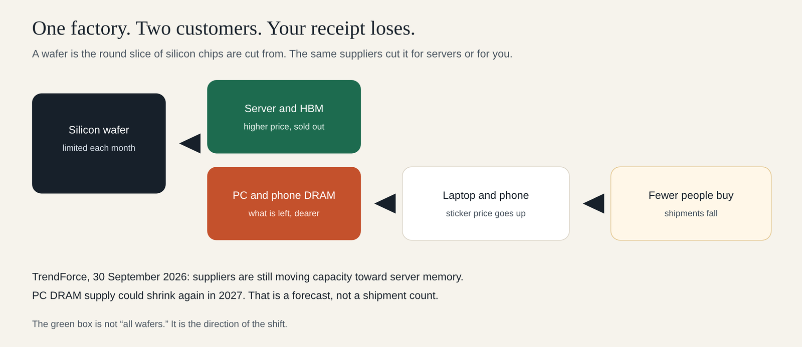 One wafer, two customers: limited silicon wafers go to server and HBM memory first, leaving dearer PC and phone DRAM, higher sticker prices, and falling shipments