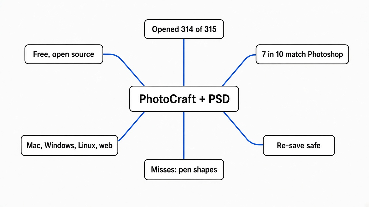 Simple mindmap of PhotoCraft as a free Photoshop alternative: free and open source, opened 314 of 315 PSDs, 7 in 10 match Photoshop, re-save safe, misses on adjustments and pen shapes, runs on Mac, Windows, Linux and web