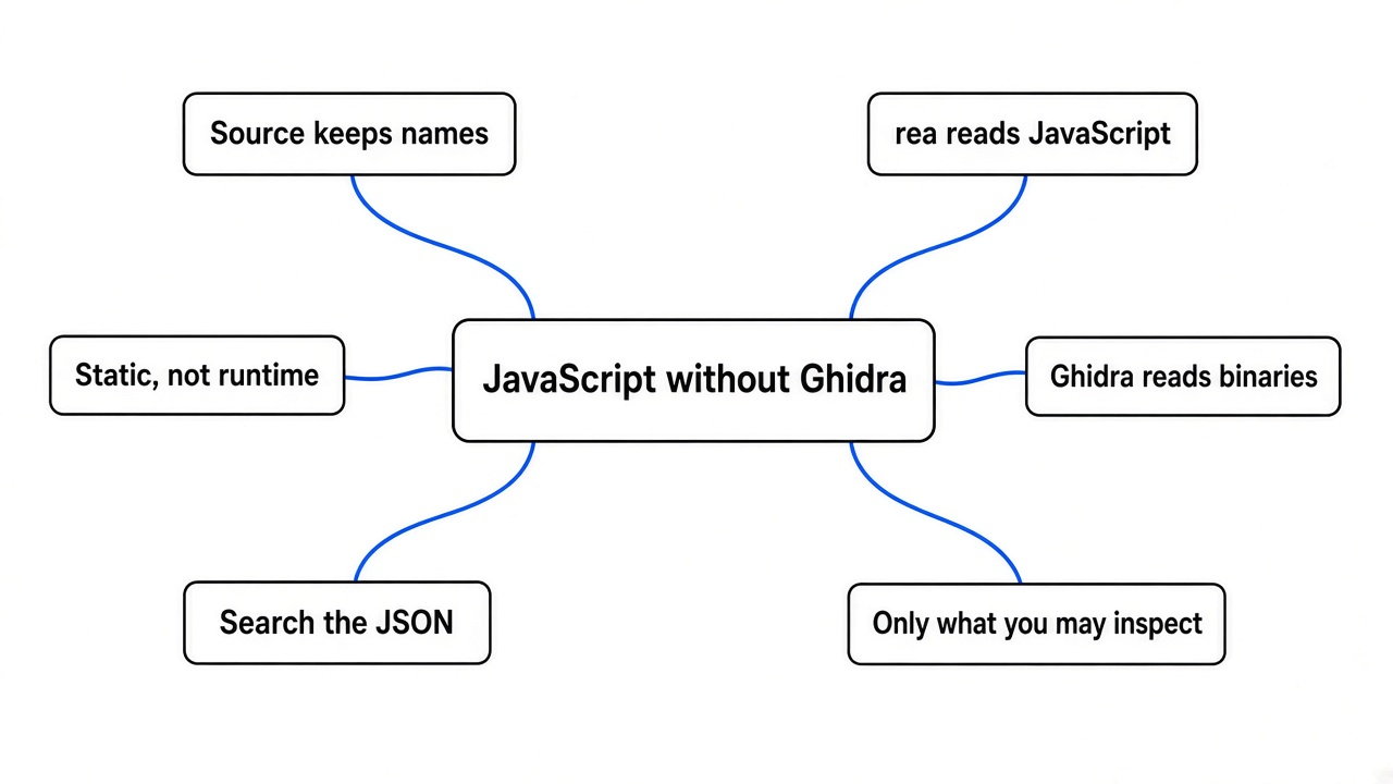 Simple mindmap of reverse engineering JavaScript without Ghidra: source keeps names, rea reads JavaScript, Ghidra reads binaries, static not runtime, check the JSON, stay legal
