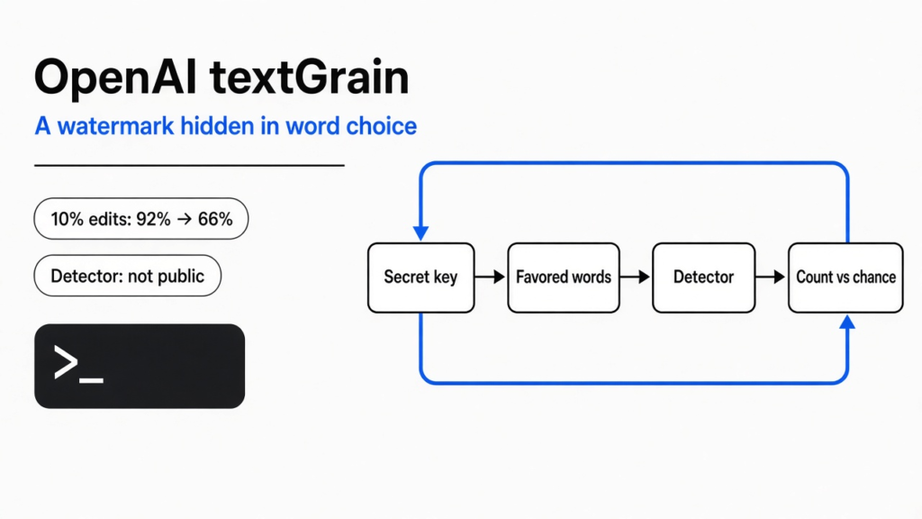 OpenAI textGrain watermark explained: a secret key nudges word choice, a detector counts favored words, and synonym edits weaken the mark