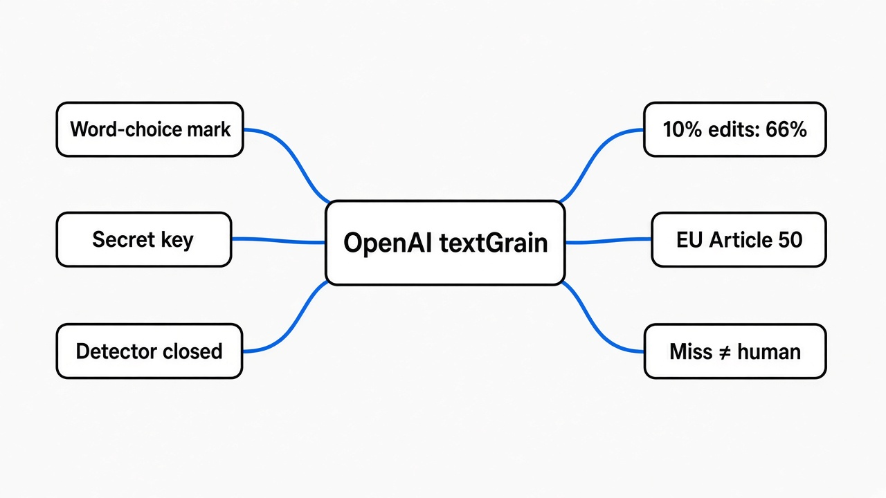 Simple mindmap of OpenAI textGrain: word-choice watermark, secret key, closed detector, 92 to 66 percent after 10 percent synonyms, EU Article 50, a miss is not proof