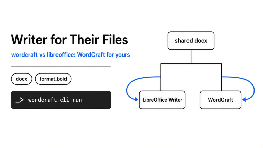 wordcraft vs libreoffice: left title Writer for their files, WordCraft for yours; right diagram shows LibreOffice Writer for shared docx versus WordCraft command id for your draft