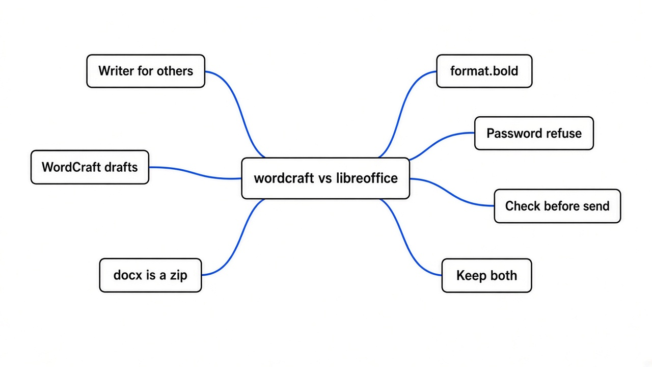 Simple mindmap of wordcraft vs libreoffice: Writer for others, WordCraft for drafts, docx zip, format.bold, password refuse, check before send, keep both