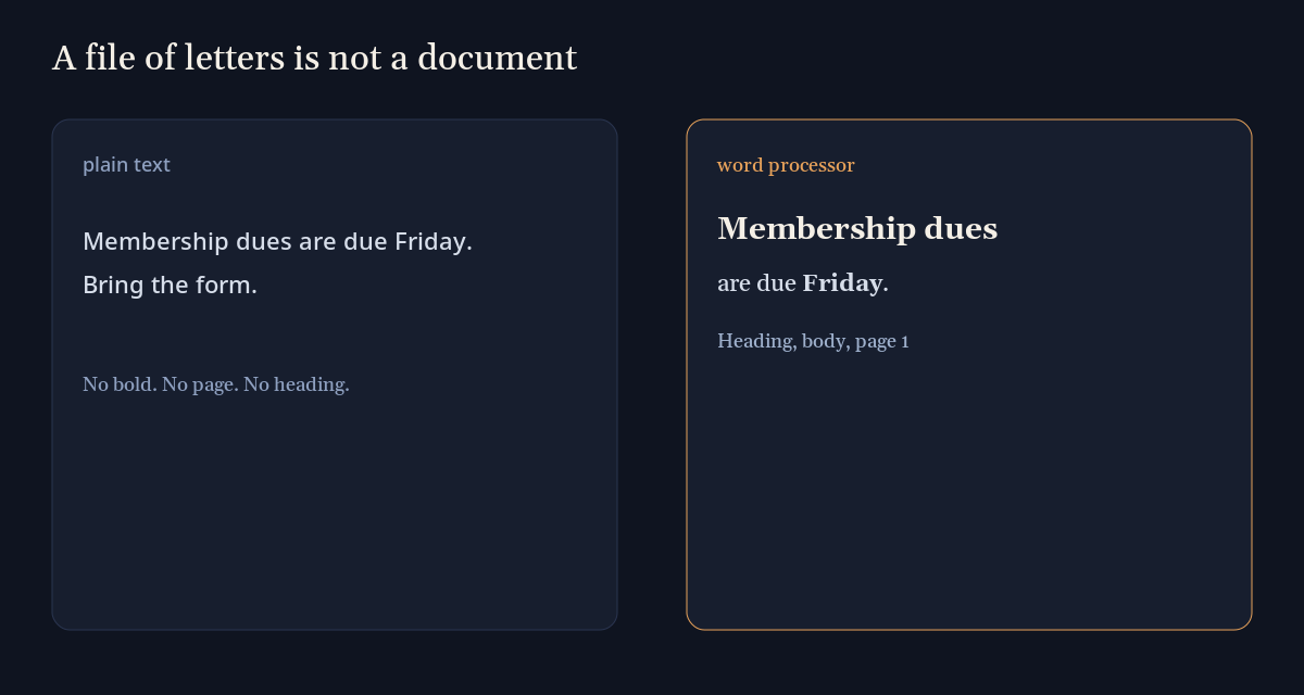 wordcraft vs libreoffice: plain text is only letters; a word processor also stores heading, bold, and page