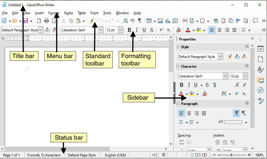 LibreOffice Writer window labeled: title bar, menu, standard toolbar, formatting toolbar, page, and styles sidebar