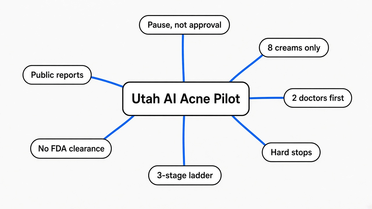 Simple mindmap of the Utah AI acne prescription pilot: enforcement pause not approval, eight creams only, two doctors first, hard stops, stage ladder